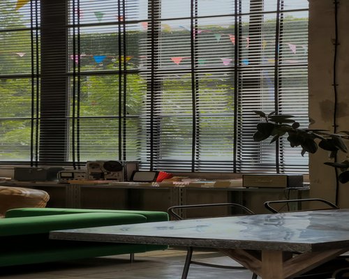 Modern clean organized office workspace with green plants and natural light